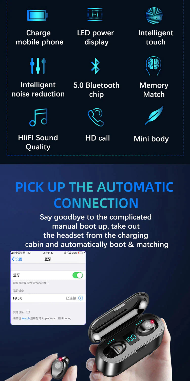 Wireless Earphone Bluetooth V5 Touch Sensor & Power Bank Charger Holder