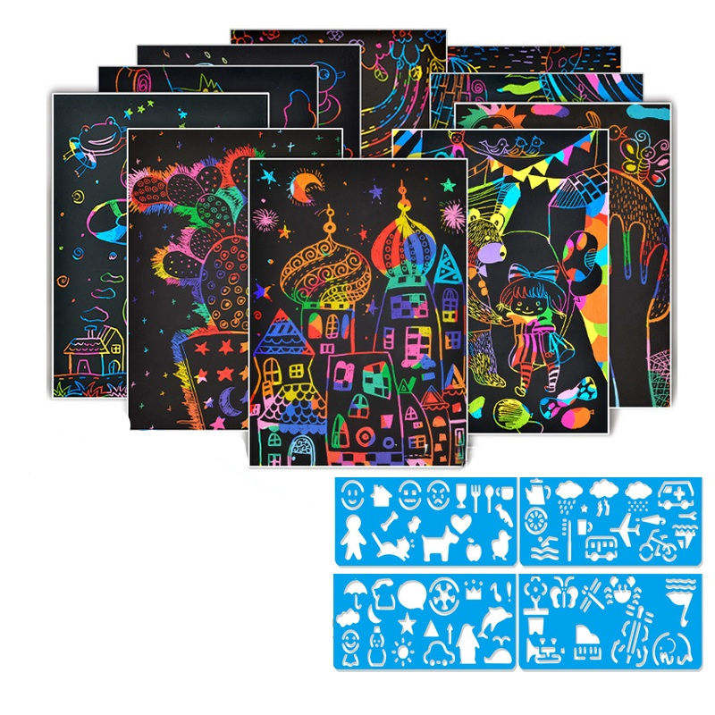 Magic Rainbow Colored Scraping Art Paper with Graffiti Stencils