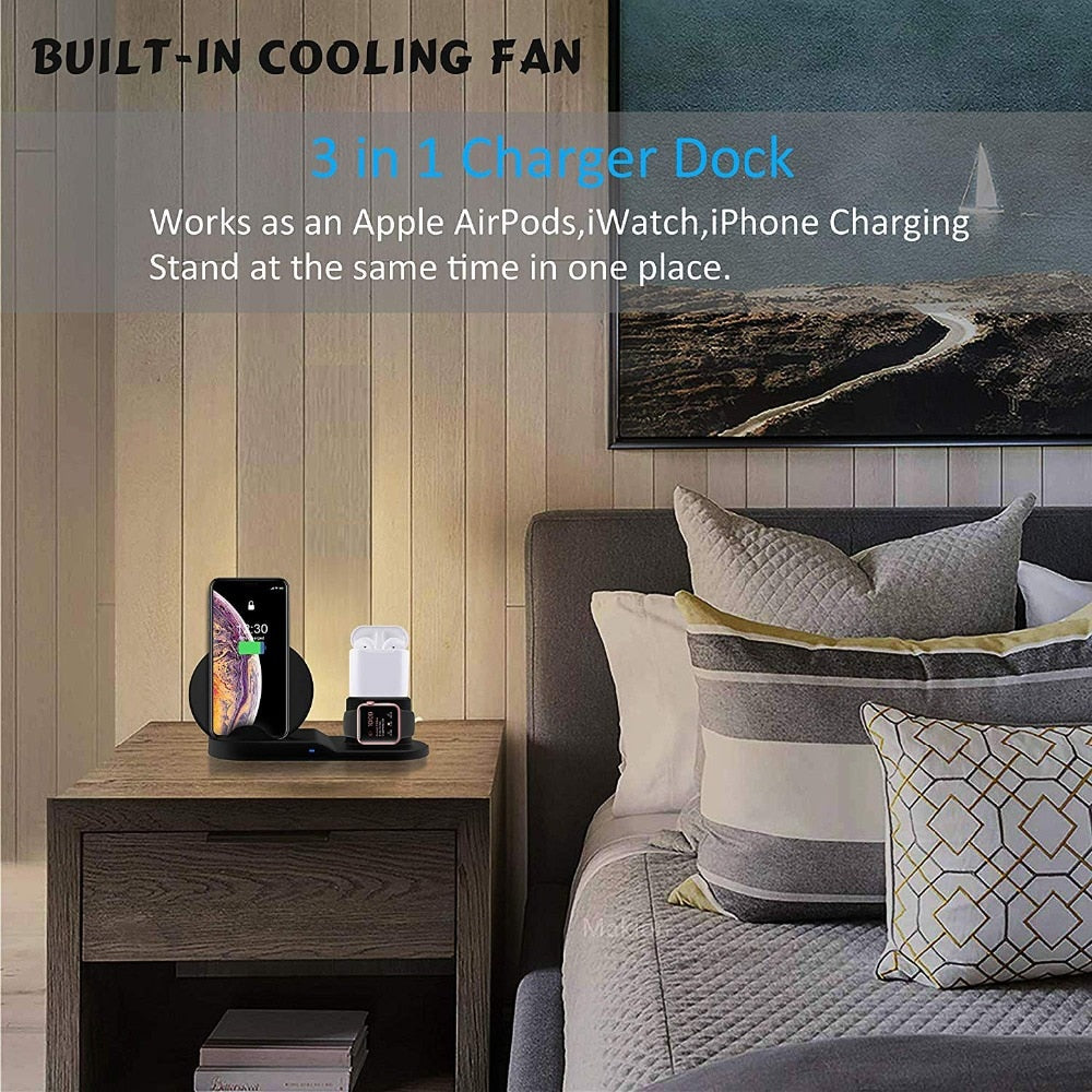 3 in 1 Fast Wireless Charger Dock & Holder Stand Docking Station for iPhone and Samsung