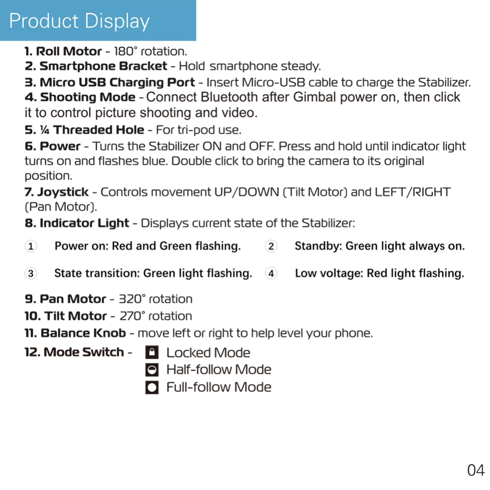 Smartphone 3 Axis Handheld Gimbal Stabilizer