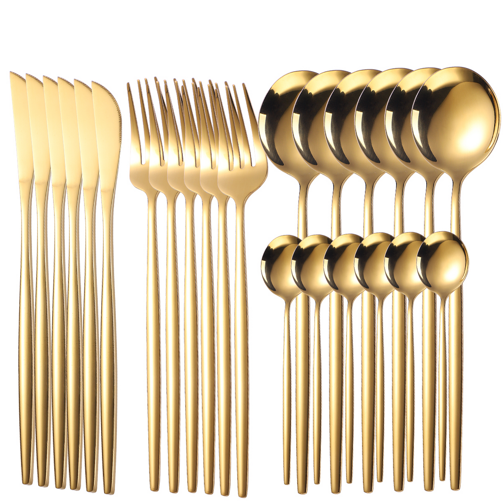 24 Pcs Luxury Cutlery Set Stainless Steel Black Gold Silver Dinnerware Tableware Steak Knife Spoon Fork Flatware Set Dishwasher Safe