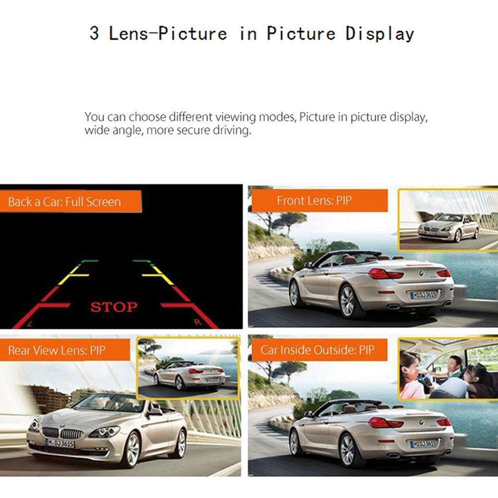 Three Way Car Dash Camera Recorder HD Night Vision
