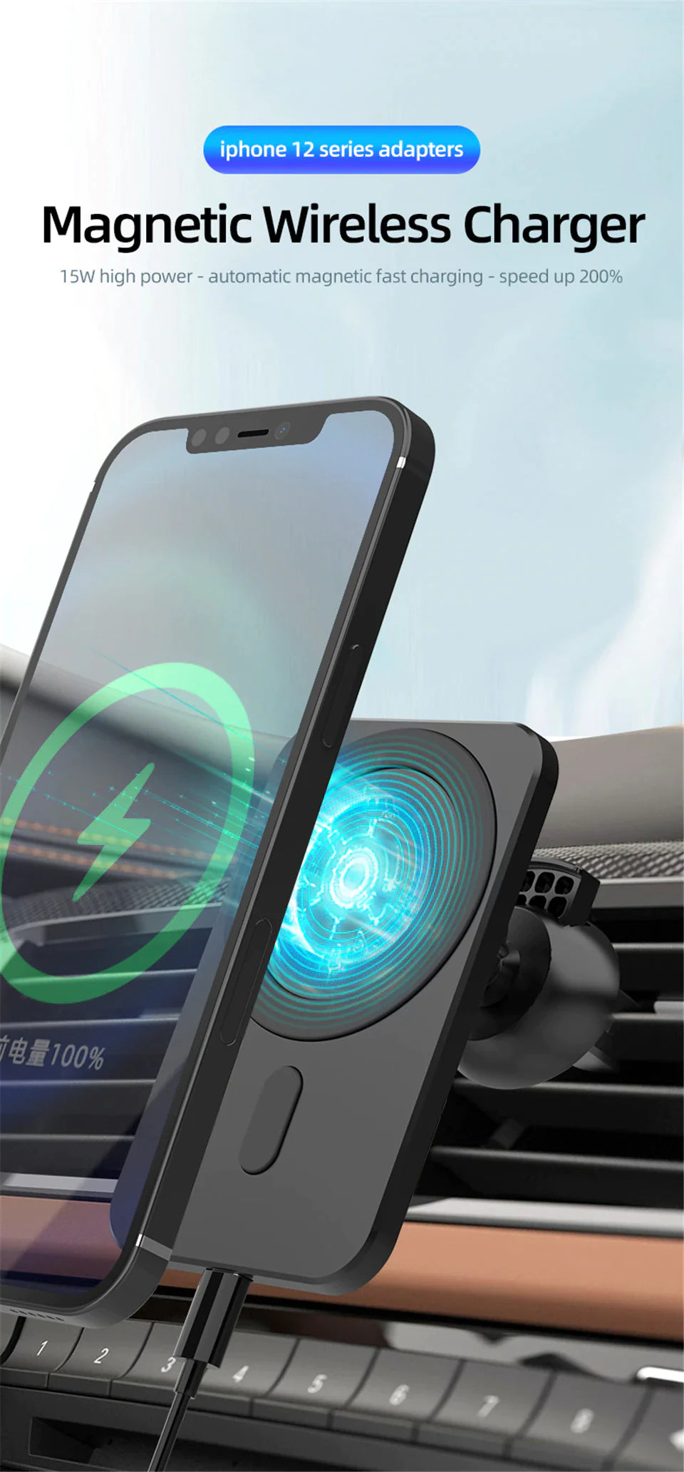 Newest Magnetic Wireless Car Charger Mount for iPhone 12 Pro Max mini Mag safe Fast Charging Wireless Charger Car Phone Holder