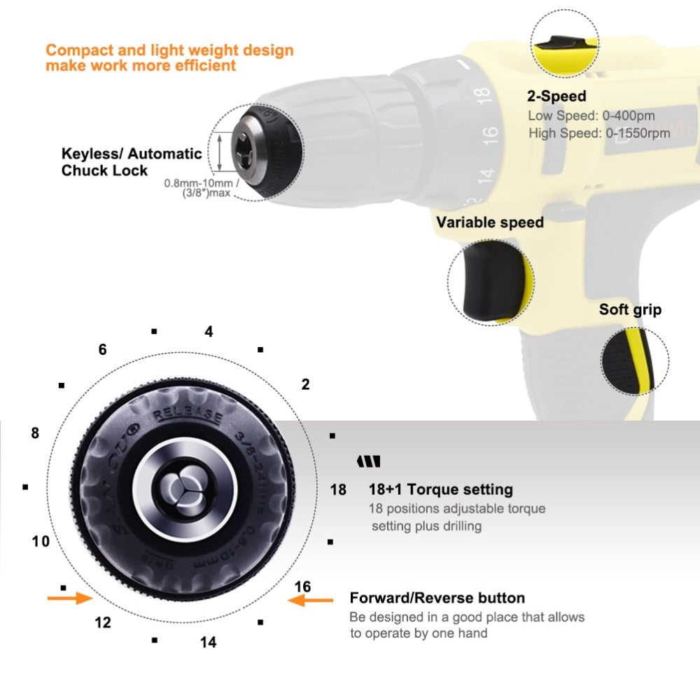 21V 3 in 1 Electric Cordless Hammer Drill New brushless Battery drill Cordless drill screwdriver battery Electric screwdriver Lithium battery Electric Tools