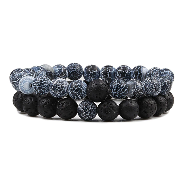 2Pcs Natural Lava Stone Elastic Bracelets Tiger Eye Beaded Yoga Bracelets for Men Women Elastic Rope Jewelry Vocanic Stoned Stress Reliever