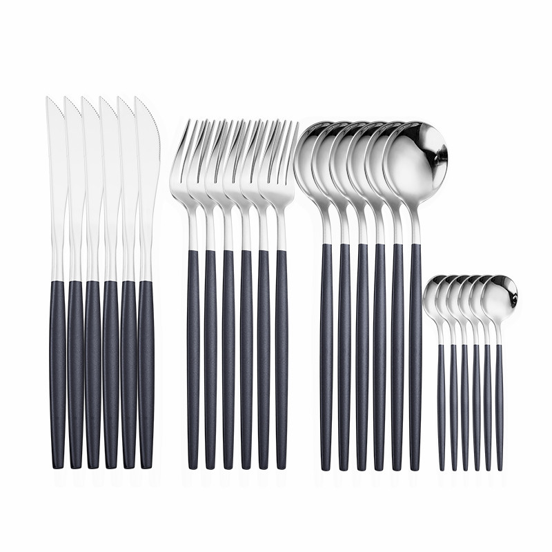 24 Pieces Trendy Dinnerware Set Black Western Dinnerware Set Stainless Steel Cutlery Set Fork Knife Spoon Tableware Set Flatware Set Silverware Set