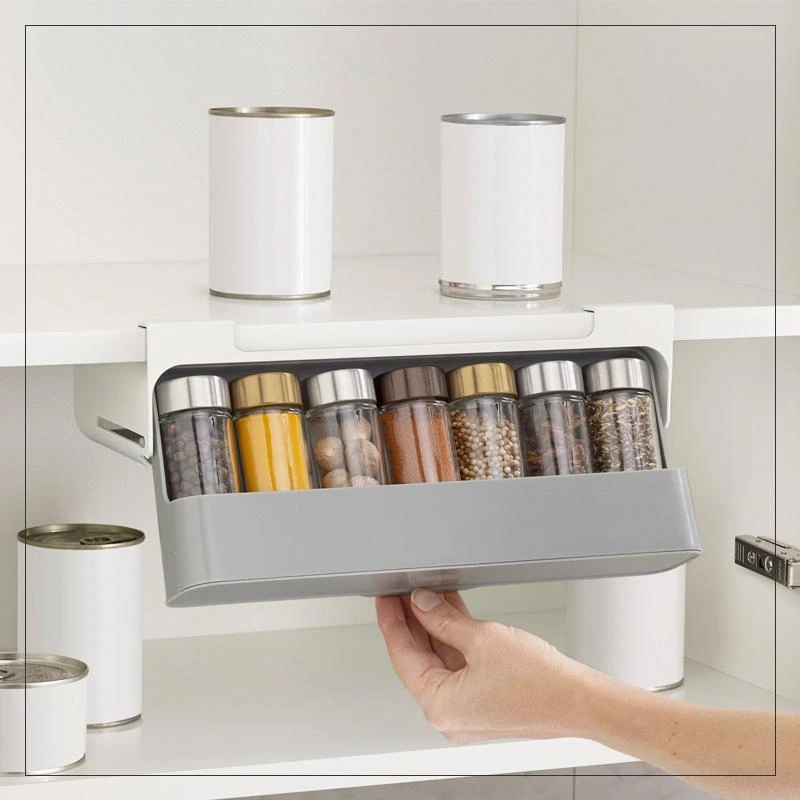 Kitchen Under Shelf Organizer Easy Pull Spice Jar Storage