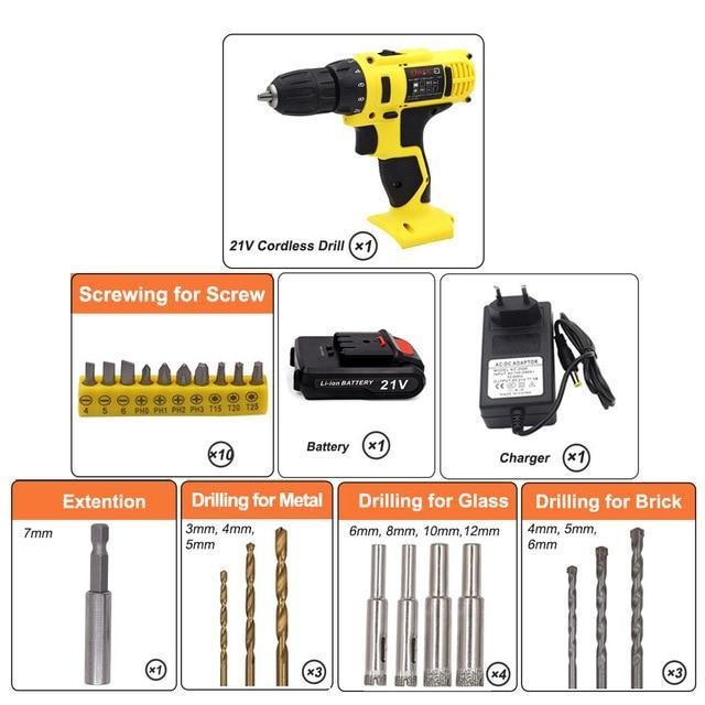 21V 3 in 1 Electric Cordless Hammer Drill New brushless Battery drill Cordless drill screwdriver battery Electric screwdriver Lithium battery Electric Tools